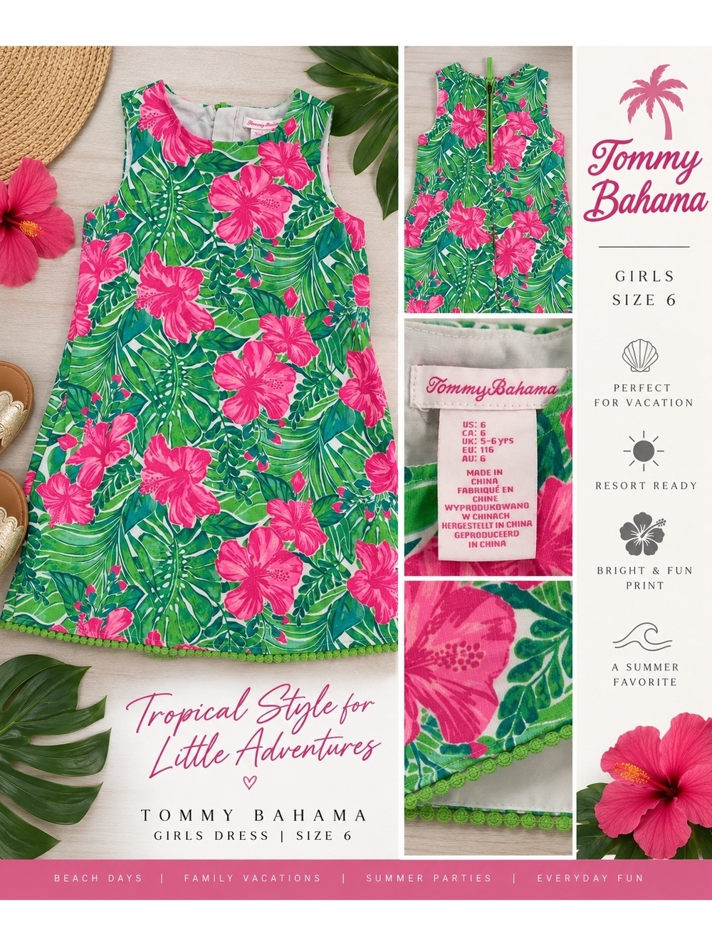 Tommy Bahama Girls Size 6 Tropical Hibiscus Floral Dress Pink Green